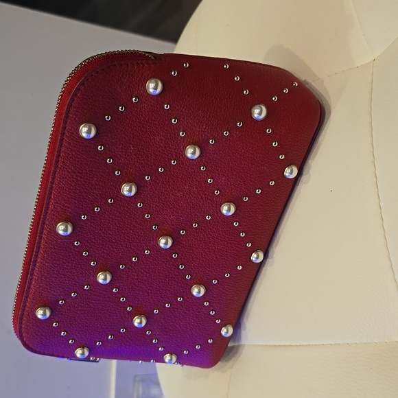 Kate Spade Red Leather Gold Hayes Street Pearl Zip Top Cosmetic Make UP Case - Picture 6 of 7